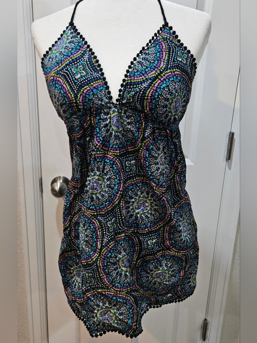 Self Esteem Women's Black Halter Medallion Print Tank